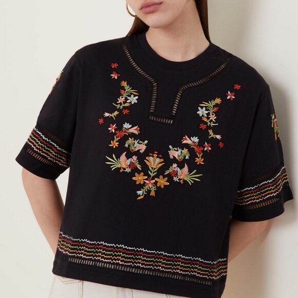 Hayley Menzies Women's Black Maya Embroidered Cropped T-Shirt Size L - Picture 3 of 6